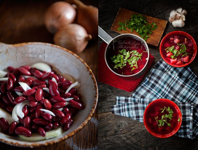 fastening food with beans salad and vegetable soup